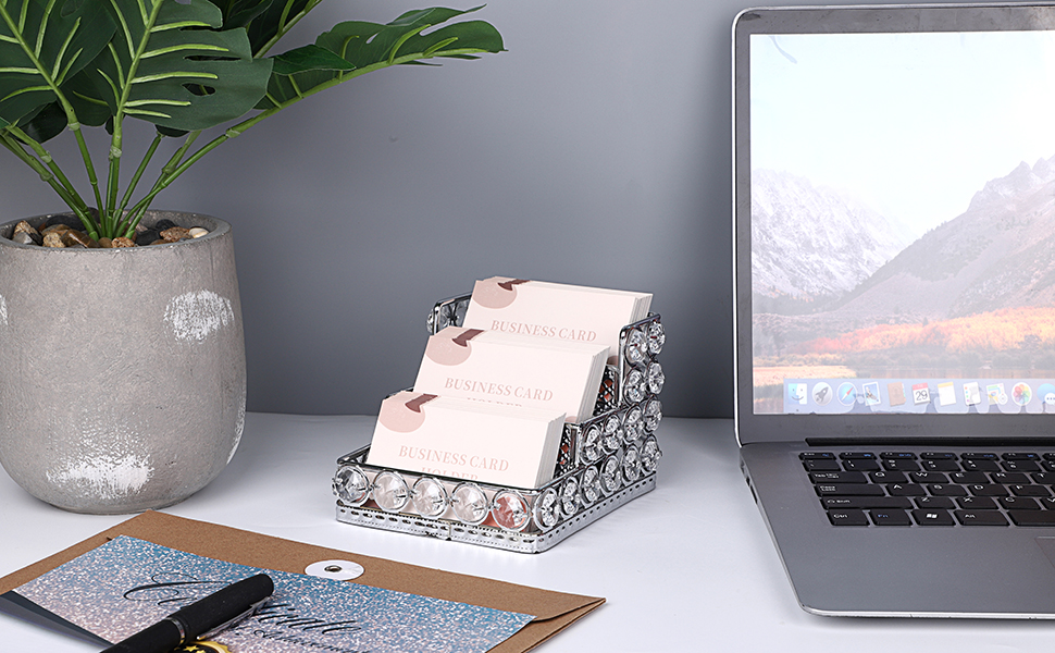 Hipiwe Crystal Business Card Holder 3 Tiers Gold Mirrored Name Card Display Stand