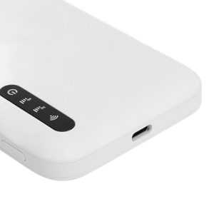 White portable device with rounded corners, showing a black control panel with indicator icons and a USB-C port visible on the side.
