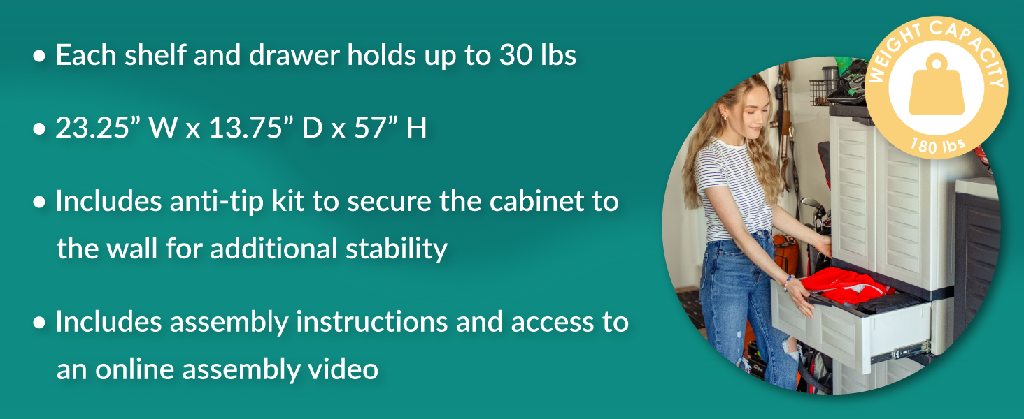 drawer & shelves hold up to 30 lbs 180 lbs weight capacity includes instructions and access to video