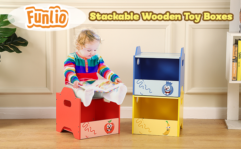 FUNLIO Stackable Wooden Toy Box with Lid (3pcs), 2in1 Toy Chest