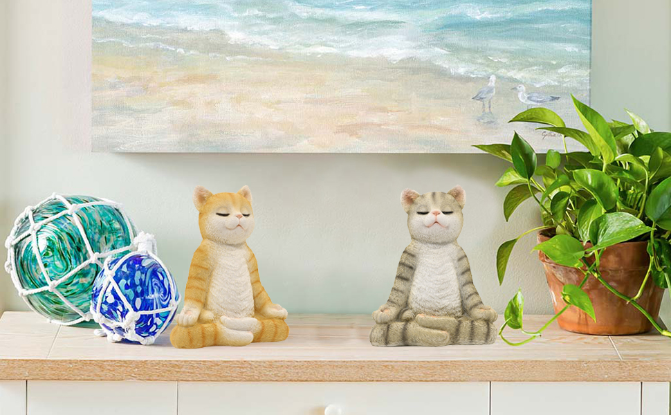 Qeeman Meditating Zen Garden Cat Statue Figurine Indoor