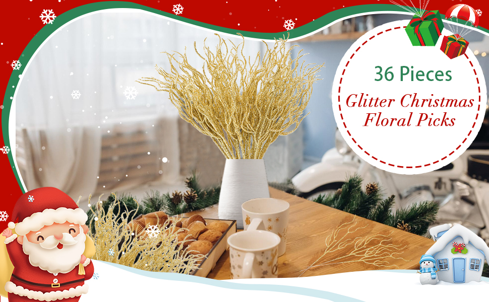 36 Pcs Gold Glitter Christmas Picks Christmas Tree Filler