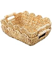 Coeusy Wicker Basket,Scalloped Basket with Wooden Handle,Hand-Woven Water Hyacinth Storage Basket...