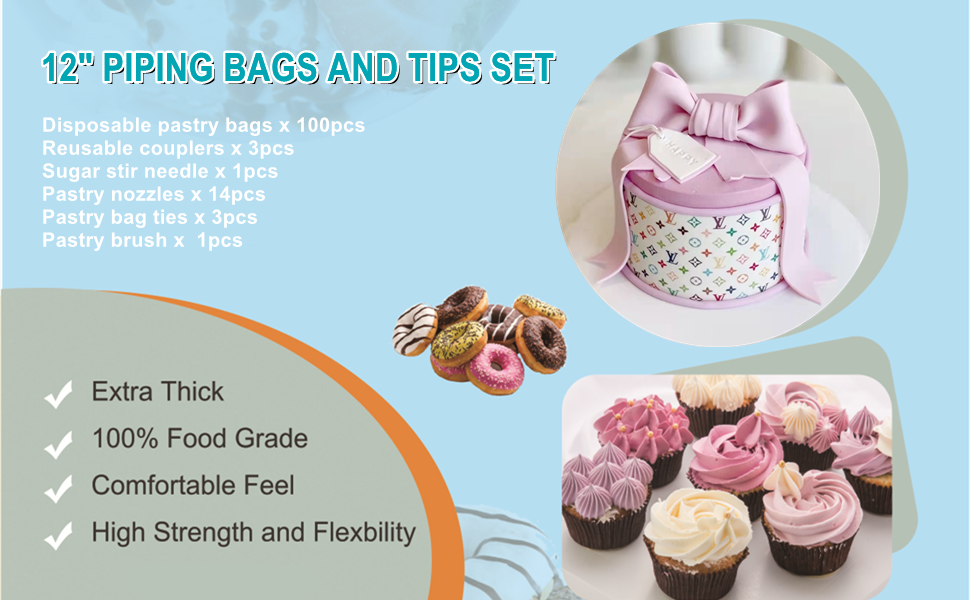 YOSHINE 100pcs Piping Bags Disposable, 12" Pastry Bags and Tips Set