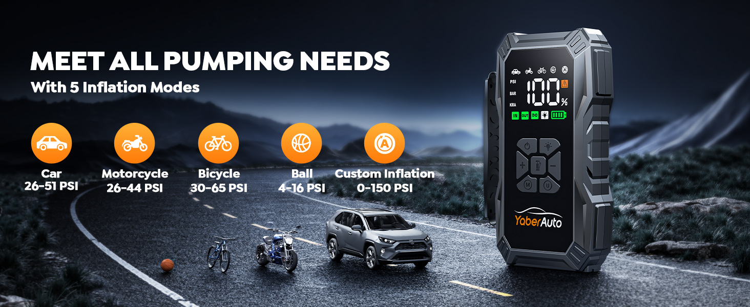 Digital air pump interface displaying 5 inflation modes with LCD screen, designed for vehicle tires and outdoor equipment.