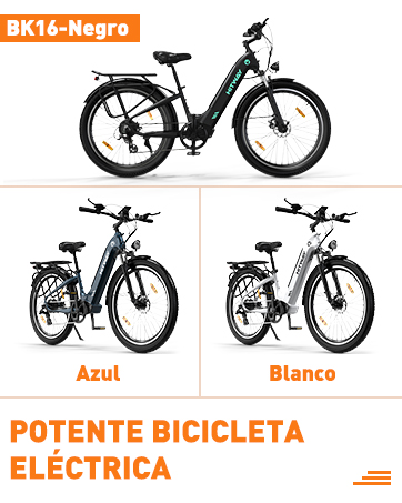 se muestra en tres opciones de color: negro, azul y blanco. Las características incluyen la cremallera trasera, la suspensión delantera, los frenos de disco y la batería integrada.