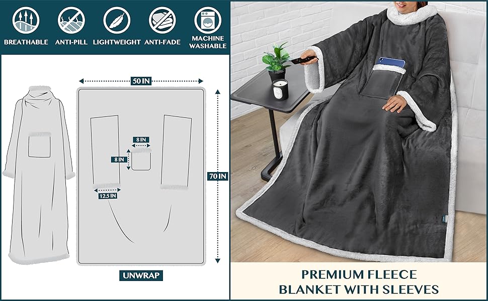 PAVILIA Sherpa Fleece Blanket with Sleeves Women Men Adult