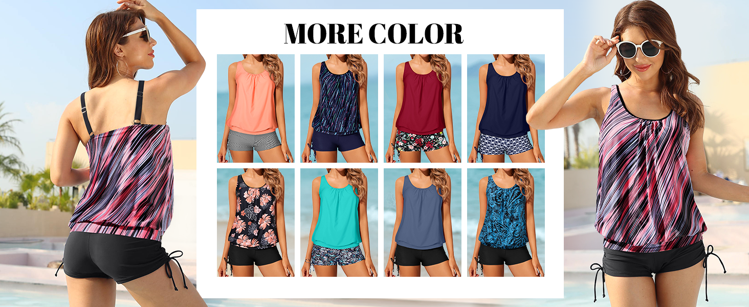 Blouson tankini swimsuits 2 piece tummy control tankini bathing suit with shorts modest swimsuit 