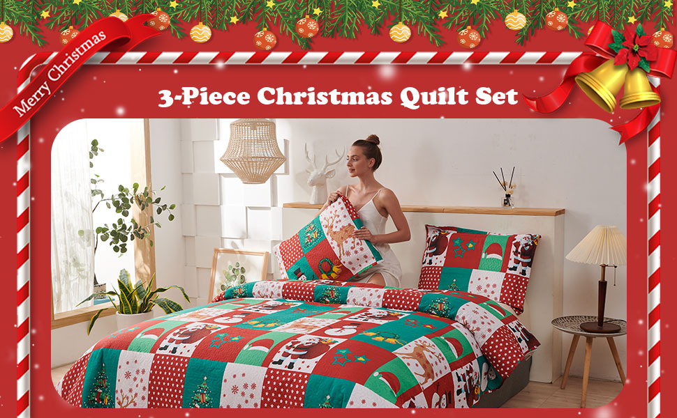 CHESITY King Size Christmas Quilt Set, 3Piece Bedding