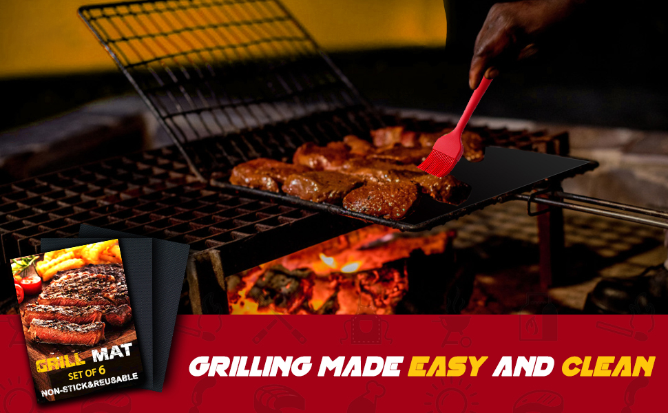 BBQ Grill Mat Set of 6+1, Reusable NonStick BBQ Mat, Heat Resistant