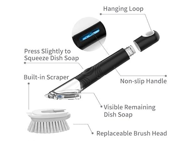 MR.SIGA Soap Dispensing Dish Brush, Kitchen Brush for Pot Pan Sink Cleaning, Black 