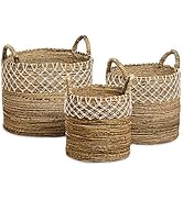 Boho Romantic Lace Baskets, Set of 3, Cotton Macrame Details, Relaxed Coastal Style, Woven Chunky...