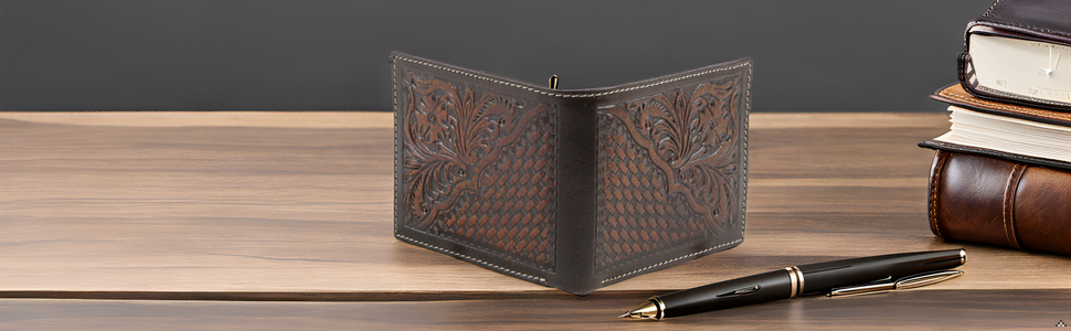 American Bison RFID Safe Cowhide Tooled Leather Bifold Men's Wallet with Center ID Flap