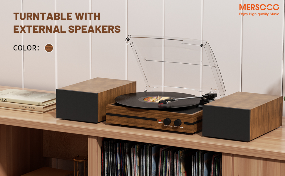 Wooden turntable with external speakers on shelf. Features vinyl record player, transparent dust cover, and two separate speaker boxes. Color option indicated as brown.