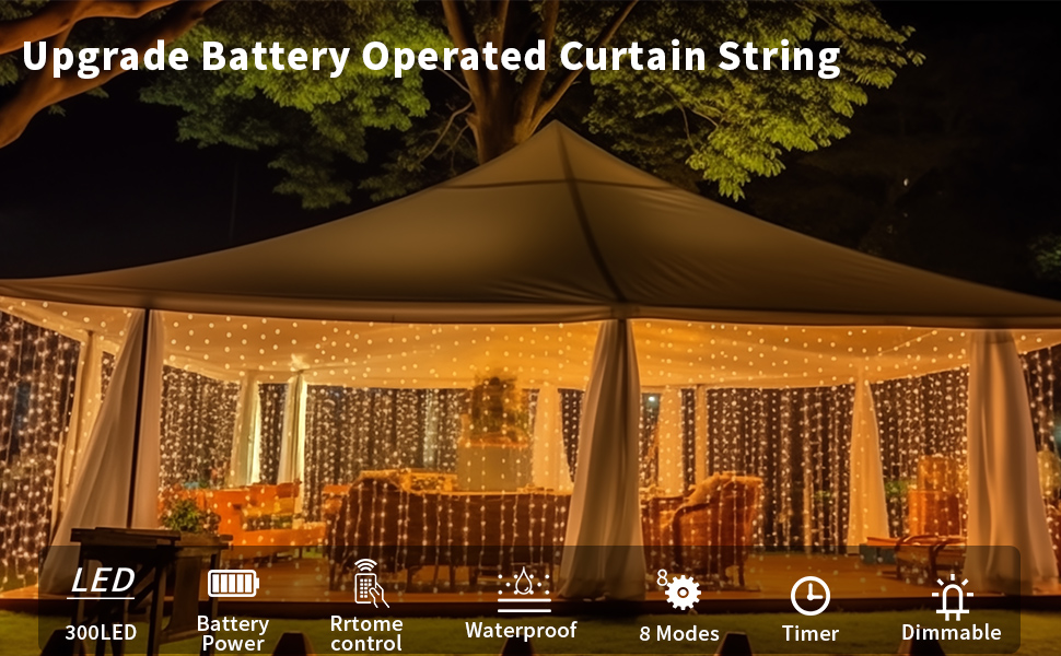 Upgarded 300LED Battery Operated Curtain Lights Waterproof, 10x10ft