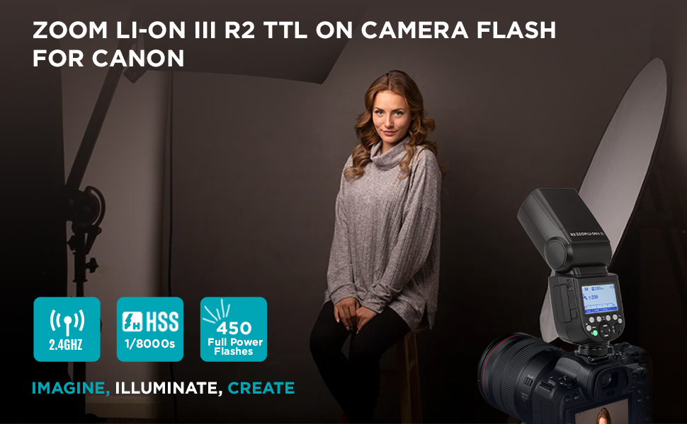 Flashpoint Zoom Li-on III R2 TTL On Camera Flash for Canon Camera 2.4GHz HSS 450 Full Power Flashes