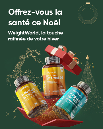 Le texte indique « Offrez-vous la santé ce Noël » et « WeightWorld, la touche finale de votre foie ». Présentoir de produits sur le thème des fêtes avec des bouteilles de suppléments sur fond vert foncé avec des accents dorés.