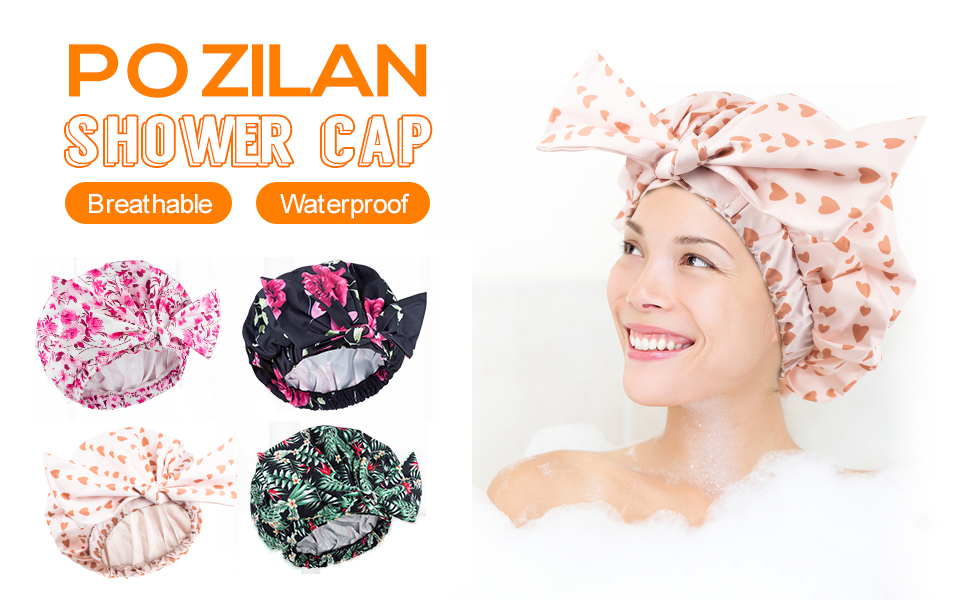 Reusable Shower Cap for Women Long Hair, Waterproof Large