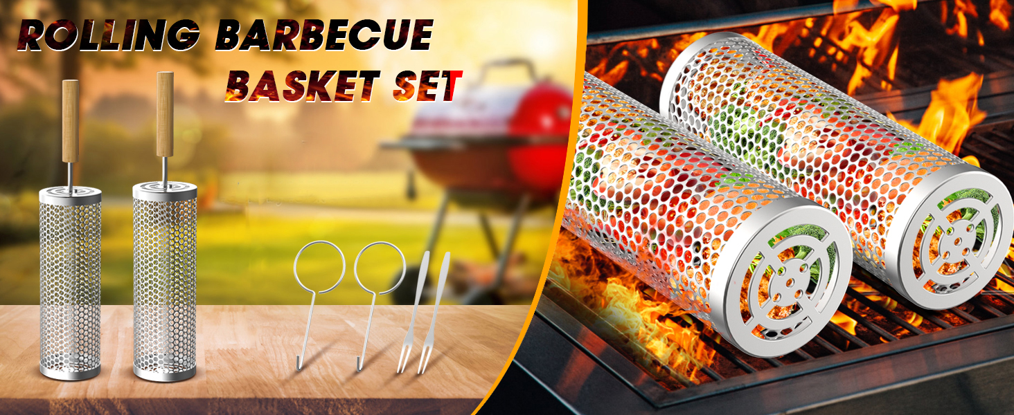 bbq accessories,grill basket,bbq rolling grill basket,rolling grill basket,bbq baskets for grilling
