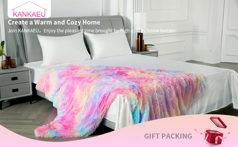 KANKAEU Fluffy Blanket 130x160cm, Ultra Warm Rainbow Blanket, Living