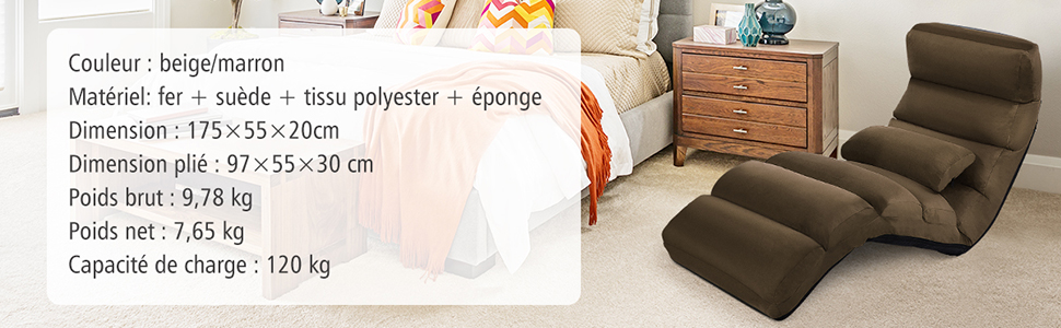 RELAX4LIFE Méridienne En Daim Réglable En 5 Positions 90°-180°et Oreiller, Chauffeuse 1 Place Convertible Rembourrée, Fauteuil Relaxant Au Sol Pour Bureau, Salon,Chambre, 175x55x20CM (Brun) 17 cm