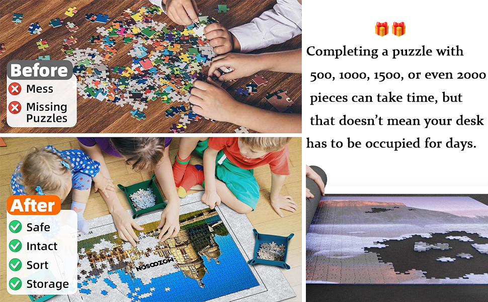 Before and after comparison of puzzle organization, showing scattered pieces transformed into sorted storage system with completed puzzle and storage solutions.
