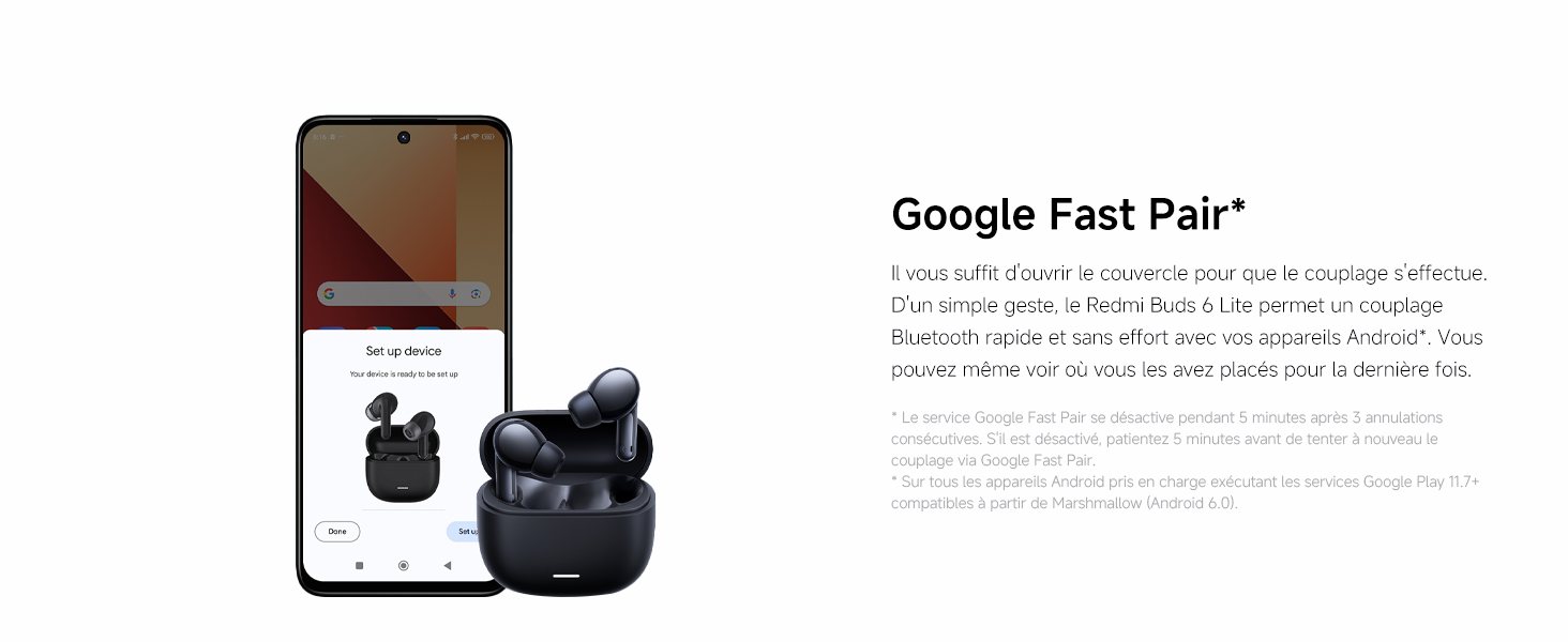Le texte indique « Google Fast Pair ». Capture d'écran montrant l'interface du smartphone avec l'invite de connexion des écouteurs sans fil ou l'écran des paramètres.