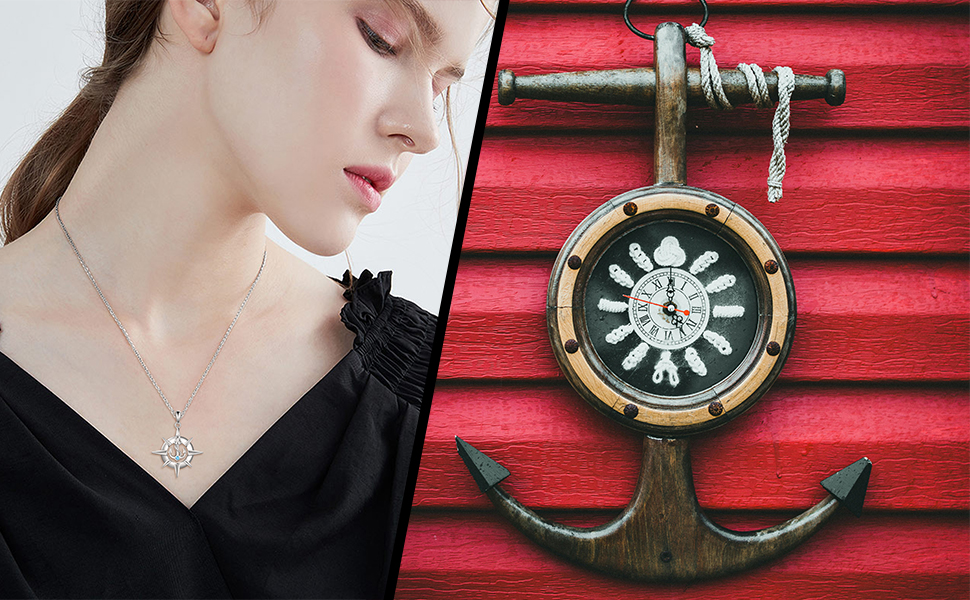 AXELUNA Compass Necklace Sterling Silver Compass Anchor