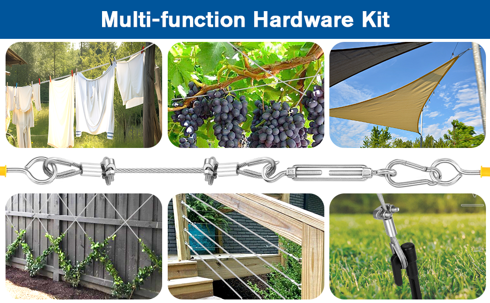 220FT 1/8" Wire Rope Kit 304 Stainless Steel Cable with Turnbuckles