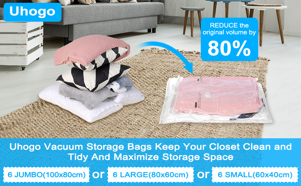 Uhogo Vacuum Storage Bags, 6 Pack Large Vacuum Bags 80x60cm, Double Zip