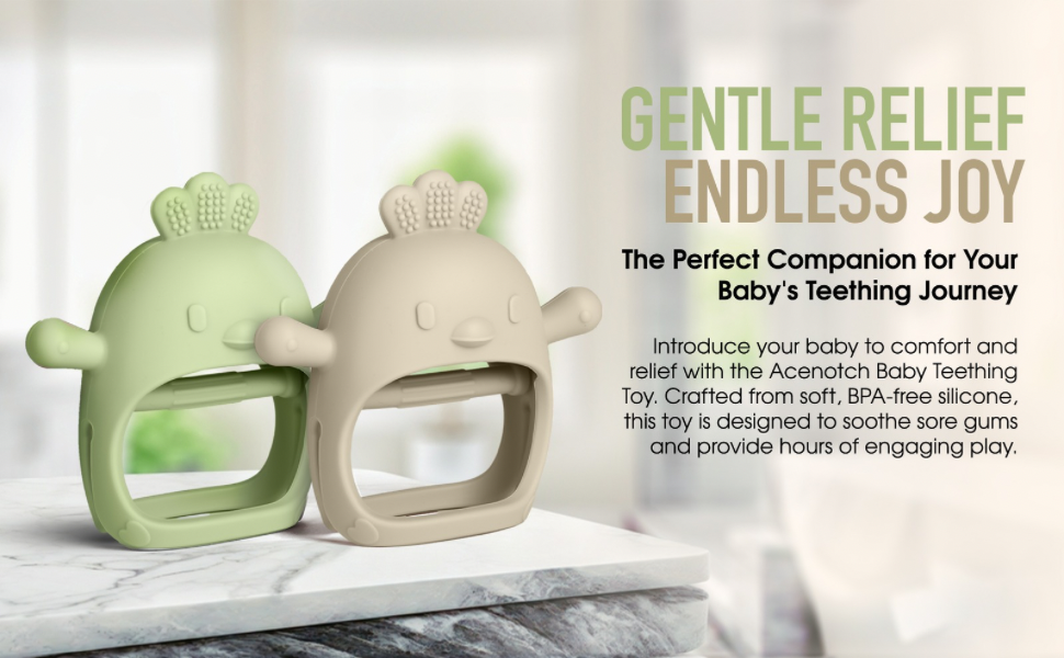 Blue and pink Acenotch baby teething toys, BPA-free silicone for gentle relief and engaging play