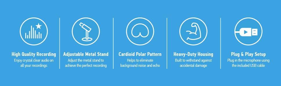 Features include, HQ Recording, Adjustable Metal Stand, Cardioid Pattern, Heavy Duty Housing, USB