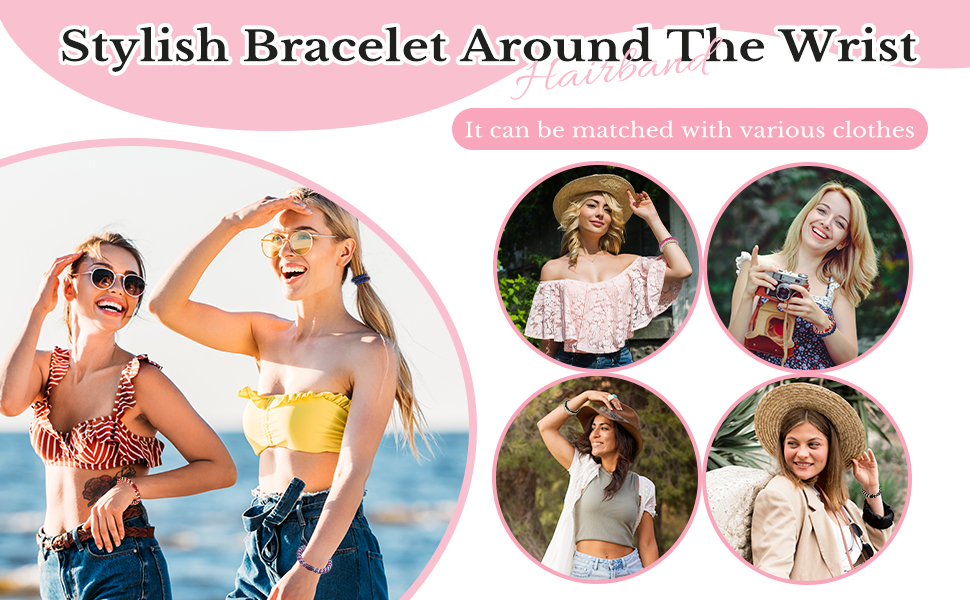 pour les accessoires de poignet. Titre « Stylish Bracelet Around The Wrist » avec des photos circulaires de femmes portant des bracelets dans différents décors