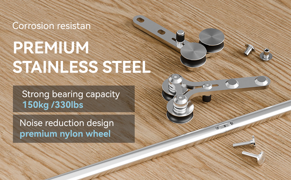 Le texte se lit comme suit : « Acier inoxydable de qualité supérieure résistant à la corrosion, forte capacité portante de 120 kg/265 livres, roue en nylon de qualité supérieure avec réduction du bruit ». Gros plan des composants de quincaillerie de portes métalliques montrant des charnières et des mécanismes coulissants.