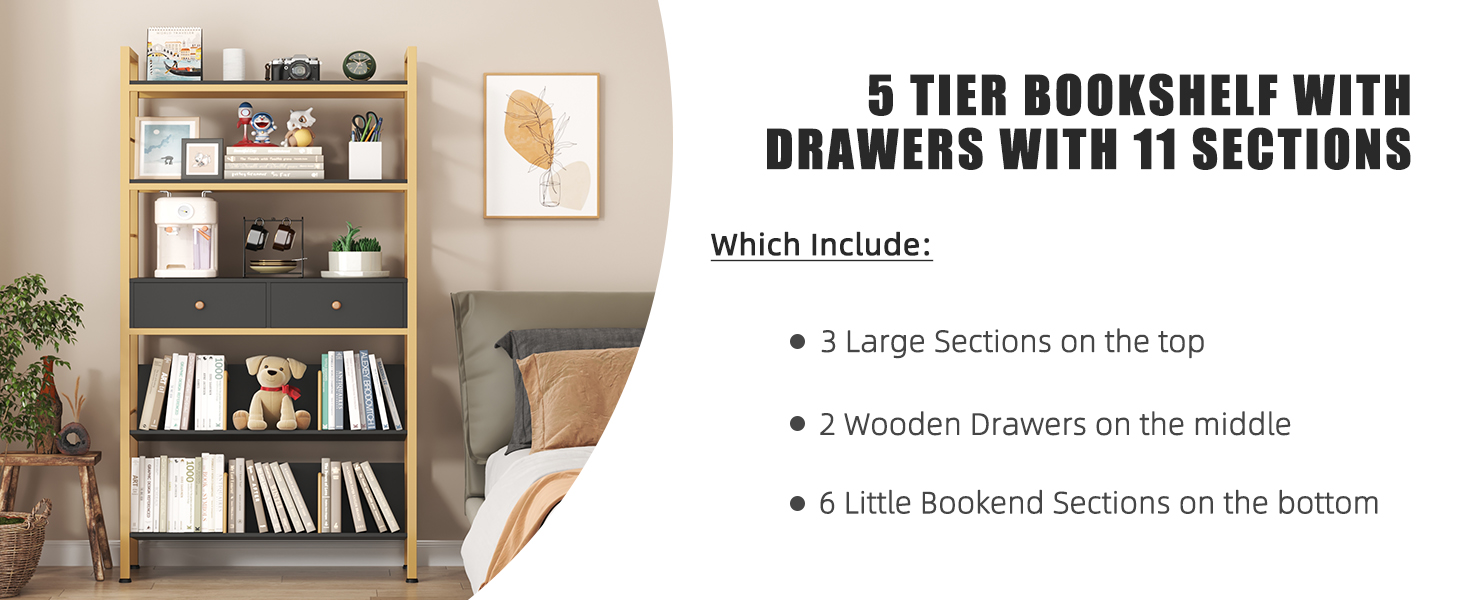 YAOHUOO Bookshelf with Drawers Widen Industrial Book Shelf with