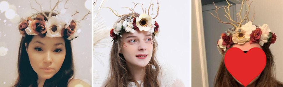 Deer Antler Hair Band Deer Headband with Flowers Antler Hair Hoop Flower Headband Party 