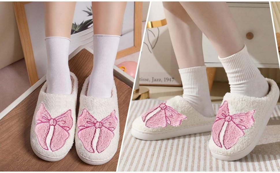 Multiple views of white slip-on shoes with decorative pink bows, shown being worn with white socks. Demonstrates different angles of the footwear design and bow detail.