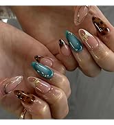 IMRAIN Press on Nails Medium Almond Fake Nails Brown Leopard Print & Blue Ombre False Nails Gloss...