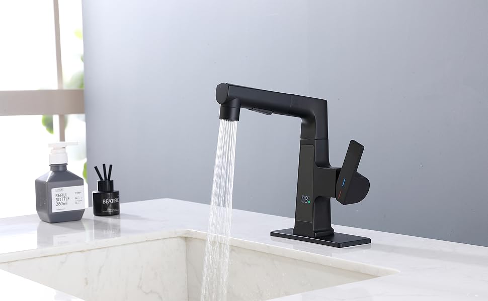 LED Bathroom Faucet with Pull Out Sprayer, Rzoeox Black Temperature