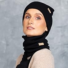 Multiple images showing winter accessories including a black knit beanie and beige scarf or neck warmer worn in different styling positions.