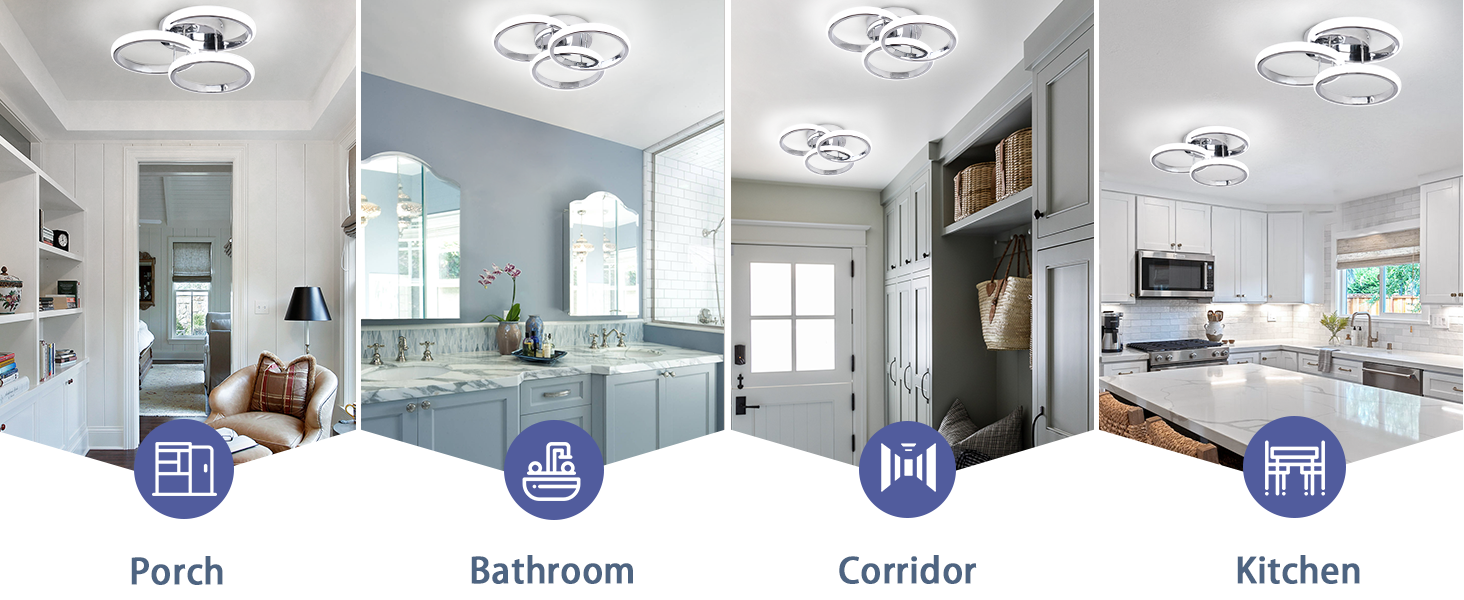 Split view showing ceiling-mounted LED light fixtures installed in four different home spaces: porch, bathroom, corridor, and kitchen.