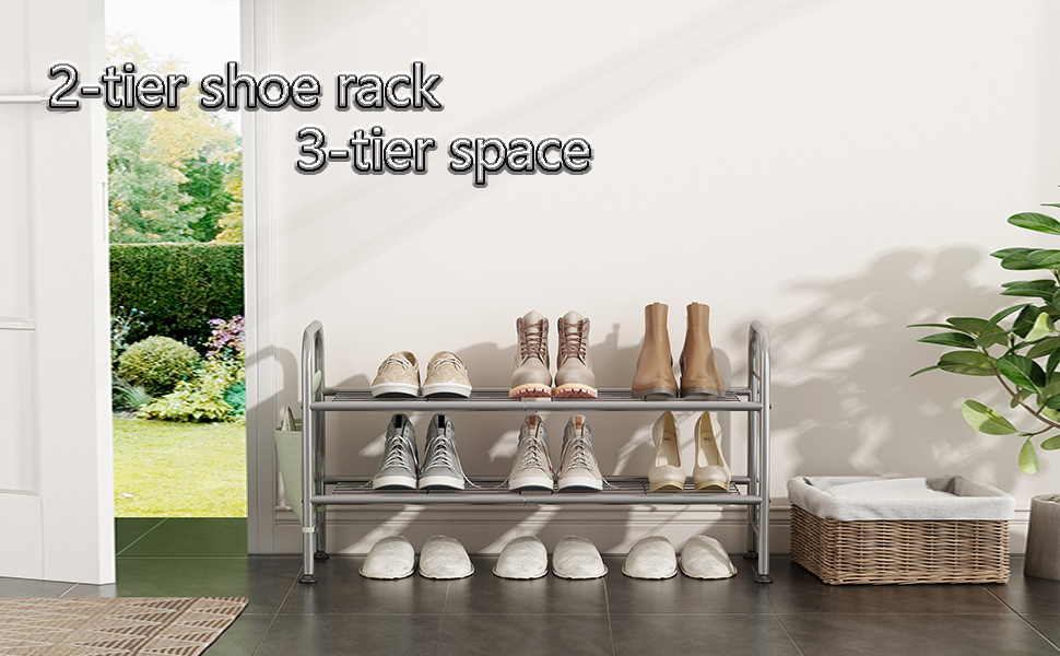 SORCEDAS Shoe Rack 2 Tier Grey Wide Metal Storage Organizer