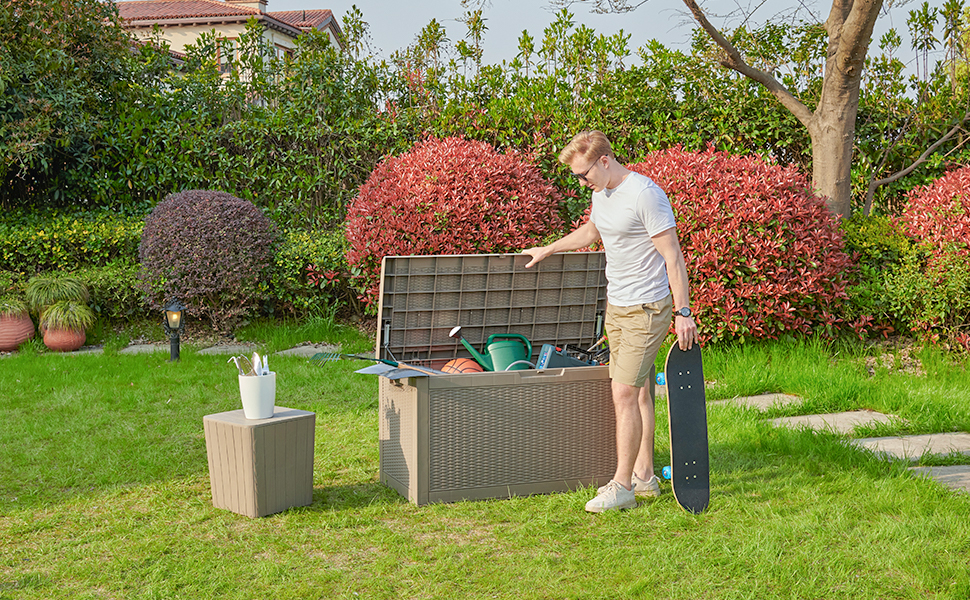 YITAHOME 380L Garden Storage Box, Large Waterproof Outdoor Storage Box with Lid, Lockable Patio