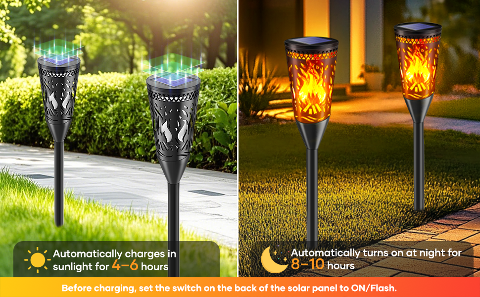 Solar-powered garden torch lights with flickering flame effect. Left shows blue light, right shows orange light. Features automatic charging in sunlight and night activation for 8-10 hours.