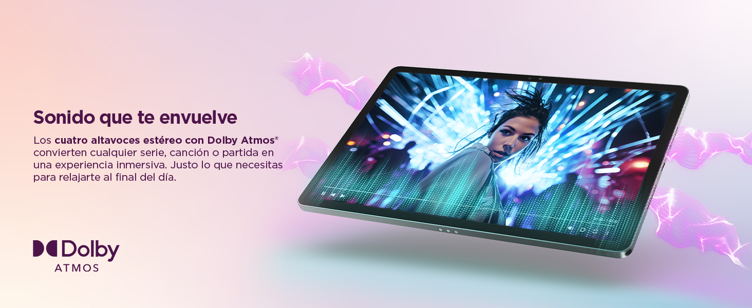 El texto dice «Dolby». Anuncio que muestra una tableta delgada o un dispositivo portátil con gráficos coloridos en la pantalla sobre un fondo degradado de color rosa púrpura.