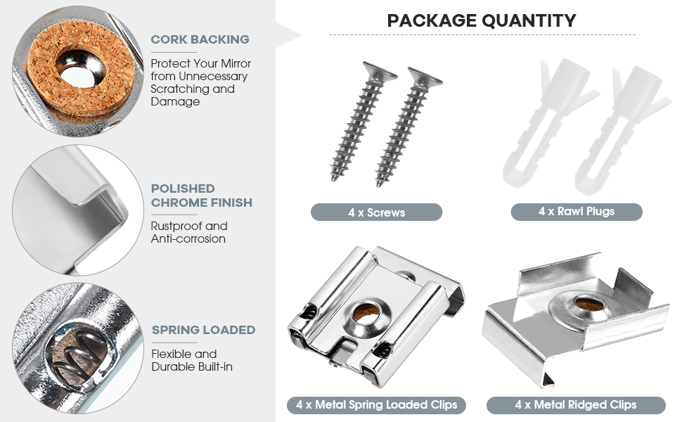 Mirror Holder Clips Kit Mirror Clips for Frameless Mirror Spring Loaded