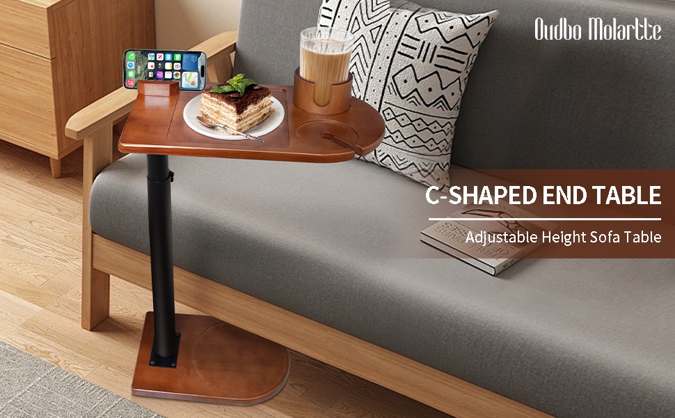 Oudbo Molartte Sofa Tray Table, C Shaped End Table, 360