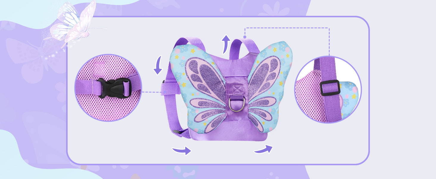 girl toddler leashes harness wrist link backpack, baby leash purple butterfly leash for kids
