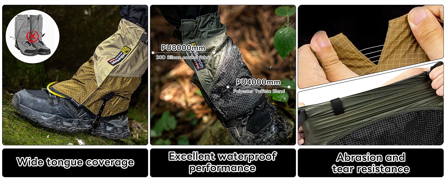 Wide tongue coverage Excellent waterproof performance Abrasion and tear resistance