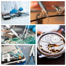 Collage d'images de travail de précision : mains gantées avec électronique, horlogerie, soudure et réparation de circuits imprimés